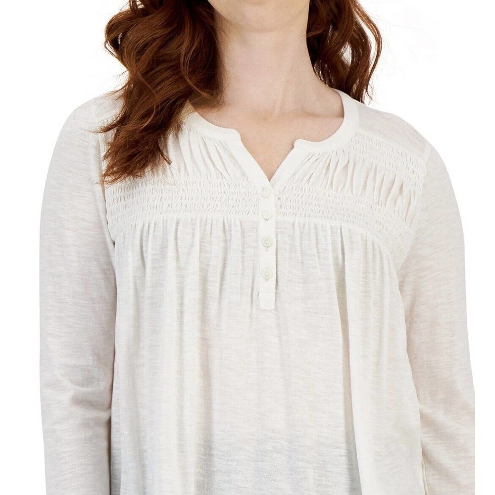 Style & Co Women's Smocked Cotton Blend Knit Top Cream Medium NWT